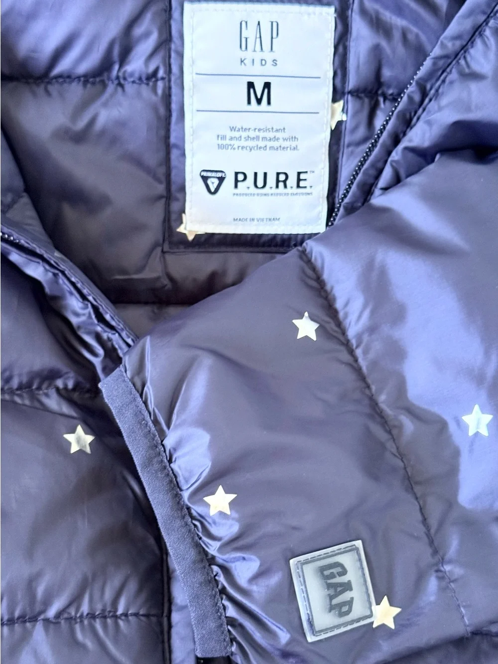 GAP Navy Puffer Jacket with Silver Stars Print and Hood
